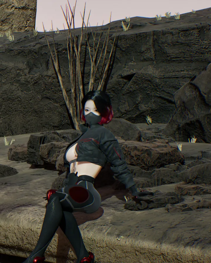 NOZOMI, l'assassin au katana, dans une ruelle sombre traversée de néon violet.